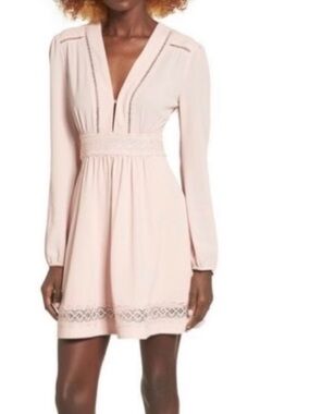 Wayf Blush Long-Sleeve V-Neck Lace-Trim Mini Dress